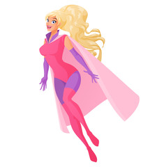 Flying blond superhero woman in pink outfit. Vector illustration isolated on white background.