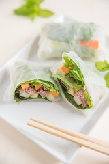 Asiatische Reispapier Rollen mit Rindfleisch und Gemüse