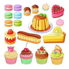 Vector set of colorful desserts macarons, profiteroles, pie, strawberry fraisier, eclair, lemon cake, flan, meringues and cupcakes.