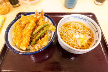 Tempura over rice bowl and soba noodle soup