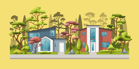 Illustration of two modern family house with trees