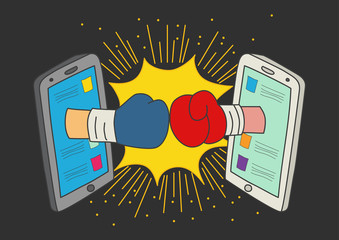 Concept for social media fight in naive art style illustration