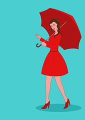 Naive art illustration of a pretty girl in red dress with umbrella