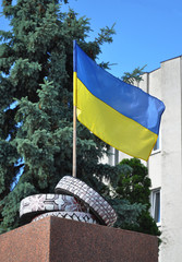 Flag of Ukraine with colored car tires. Ukraine crisis.