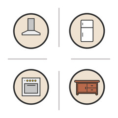 Kitchen interior color icons set