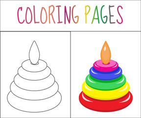 Coloring book page. Toy pyramid. Sketch and color version. Coloring for kids. Vector illustration