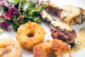 Crunchy fried Onion Rings with salad and roast chicken