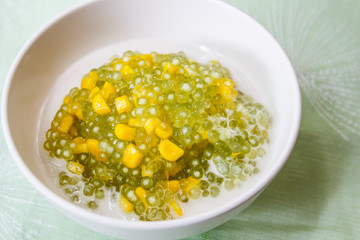 Tapioca pearl pudding and corn in sweet coconut milk.