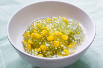 Tapioca pearl pudding and corn in sweet coconut milk.