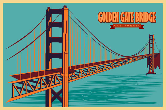 Vintage poster of Golden Gate Bridge in California famous monument in United States