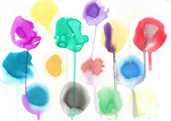 Hand drawn colorful watercolor circles, isolated over white.