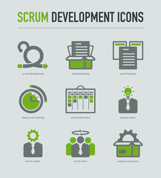 Scrum development methodology icons on light grey background