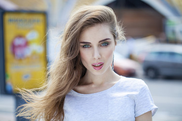 Portrait close up of young beautiful brunette woman