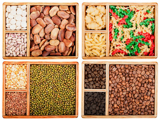 Closeup photo of various beans, pasta, lentils and coffee in wooden boxes on a white background

