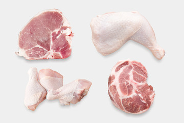 Top view of mockup raw chicken and pork chop set isolated on whi