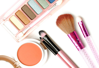 cosmetics and makeup. Tools for Professional make a top view. On a white background