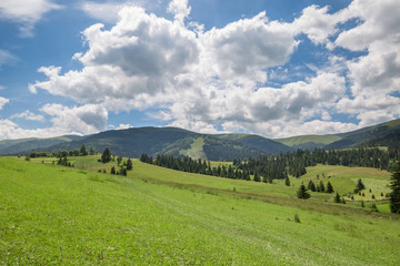 Fototapeta na wymiar Beautiful nature scenery with green meadow and mountain range