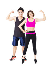 man and woman after fitness exercise on the white background