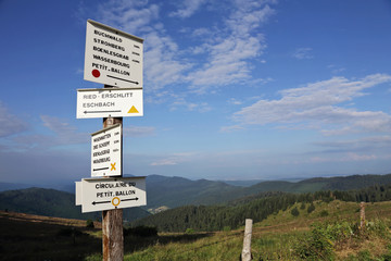 écriteaux de randonnée dans paysage montagneux des Vosges, petit ballon d'Alsace, France