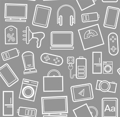 Gadgets and consumer electronics, grey background, seamless, linear pattern. 