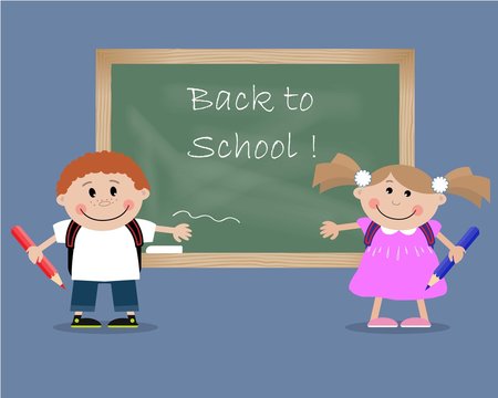 Children near a blackboard with the inscription "Back to School!". Vector illustration. It can be used for the websites, children's magazines and typographical production