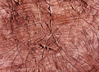 Abstract red toned cut old tree surface with axe scratches.