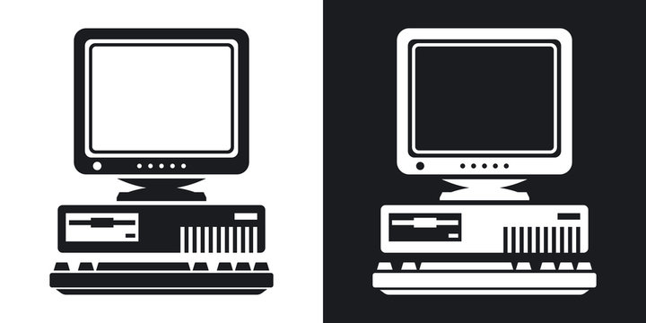 Vector Retro Computer Icon with Keyboard and CRT Monitor icon. Two-tone version of Old Computer Icon with Keyboard and CRT Monitor simple icon on black and white background
