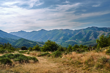 Pass and valley in the mountains of the Massif Central in France.