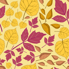 Fototapeta na wymiar Pattern with leaves on a yellow