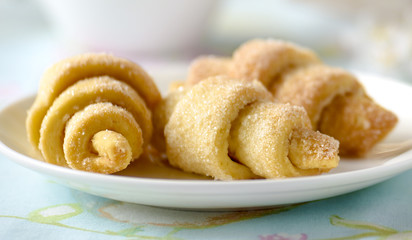 Breakfast with fresh croissants cakes
