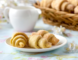 Breakfast with fresh croissants cakes