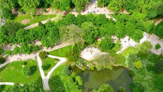 4K Aerial of Paris Park from Eiffel Tower, Parisian France Public City Park