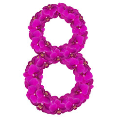 Alphabet number nine from orchid flowers isolated on white
