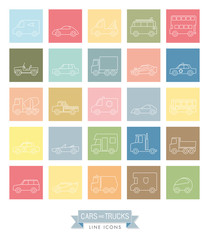 Cars and Trucks Pastel Square Line Icons Collection