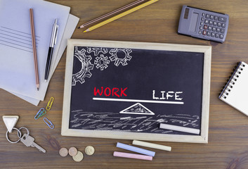 Work Life Balance. Chalkboard on wooden office desk