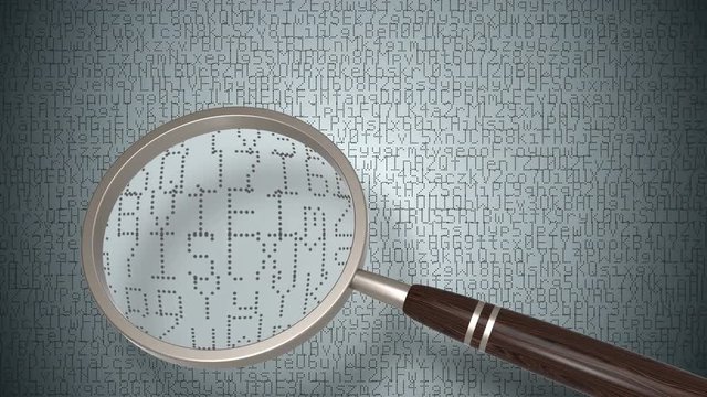 Magnifying glass scanning and identifying a computer virus. Scanning for computer viruses and bugs. 4K video seamless loop.
