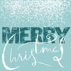 Merry Christmas grunge lettering design on black background with white snow. Holiday lettering card.