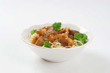 Meat and cashew stir fry with noodles