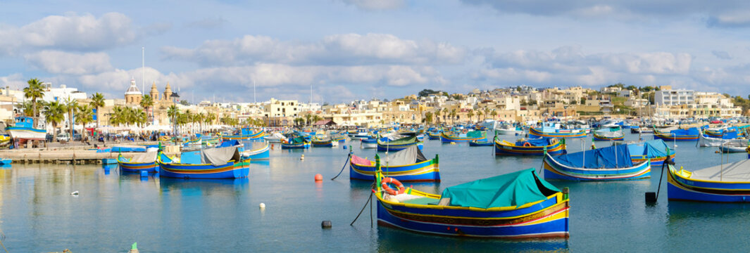 Marsaxlokk fishermen village in Malta. Panoramic view.
