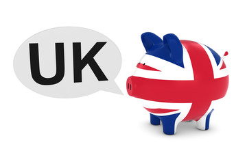 UK Flag Piggy Bank with UK Text Speech Bubble 3D Illustration