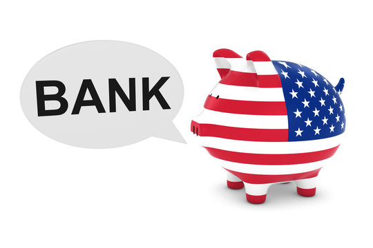 US Flag Piggy Bank with Bank Text Speech Bubble 3D Illustration