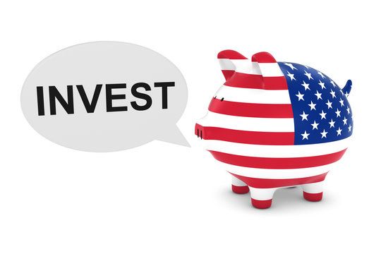 US Flag Piggy Bank with Invest Text Speech Bubble 3D Illustration