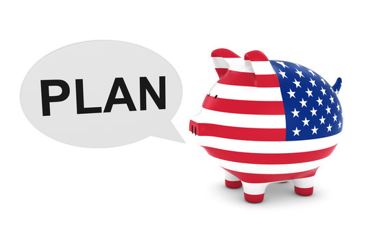 US Flag Piggy Bank with Plan Text Speech Bubble 3D Illustration