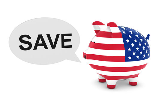 US Flag Piggy Bank with Save Text Speech Bubble 3D Illustration