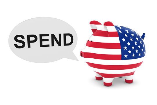US Flag Piggy Bank with Spend Text Speech Bubble 3D Illustration