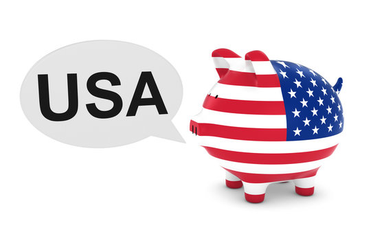 US Flag Piggy Bank with USA Text Speech Bubble 3D Illustration