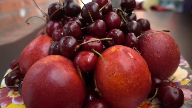 close view of different fresh fruits, nectarines and cherries