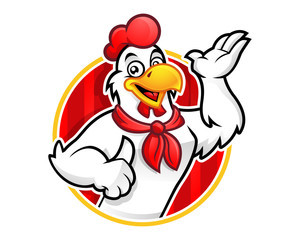 Chicken logo, chicken mascot, chicken character. Suitable for restaurant logo. Vector of chicken character. - obrazy, fototapety, plakaty