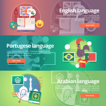 Foreign languages learning banner set. Design illustration for British English, Portuguese and Arabian language. Colorful vector flat concepts horizontal layout. "Allah" in Arabian.