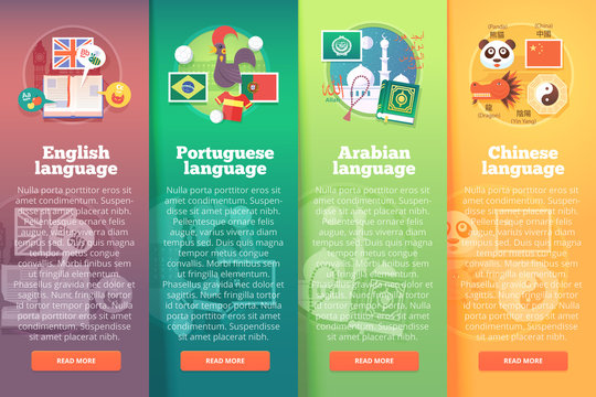 Vertical banners set of foreign language schools. Flat vector colorful illustration concepts of English, Portuguese, Arabian and Chinese languages. For brochure, booklet, print and web materials.